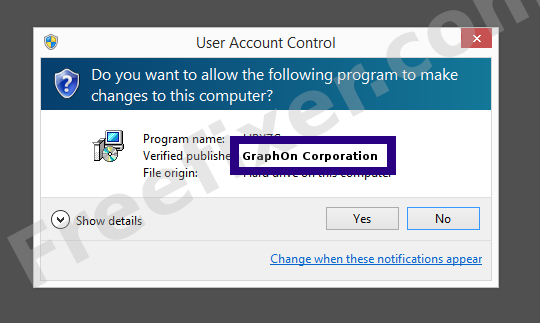 Screenshot where GraphOn Corporation appears as the verified publisher in the UAC dialog